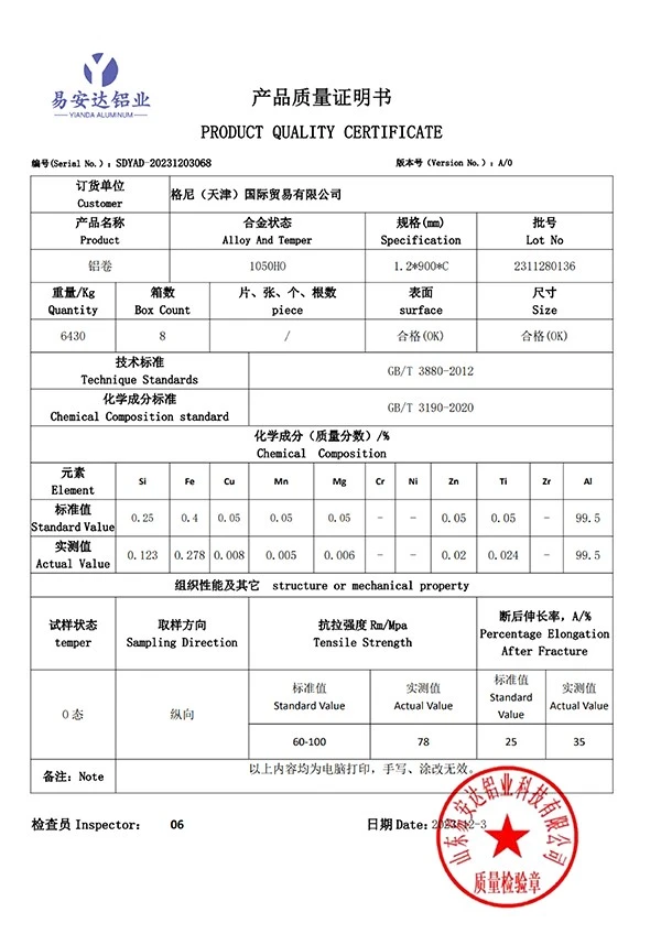 1050-O Test certificates 1050-O Test certificates